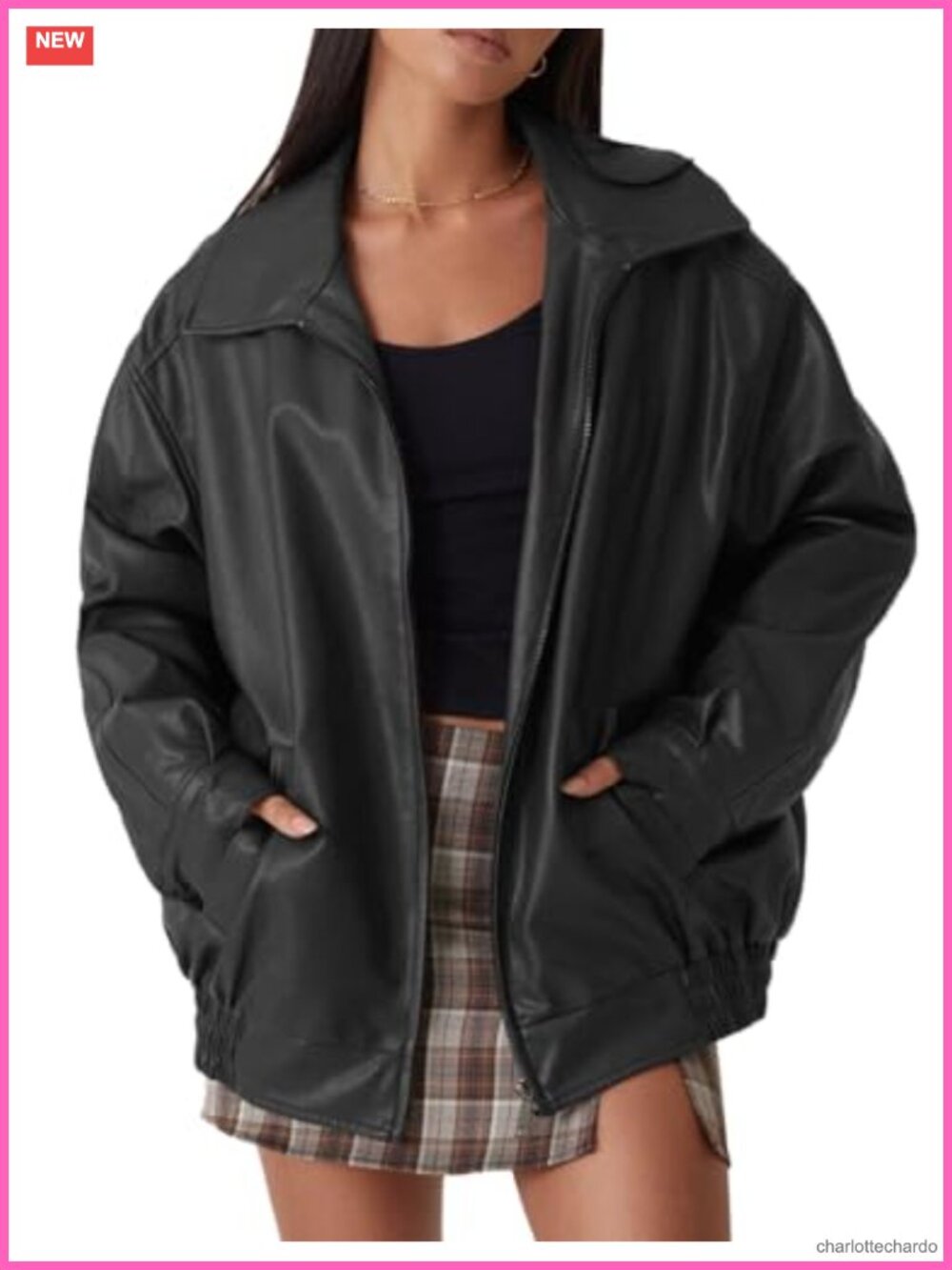 Womens Oversized Faux Leather Moto Biker Zip Up Jacket with Pockets